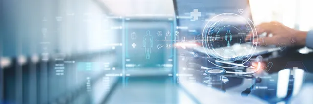 Medical technology with hospital background, telemedicine. Docotr working on laptop computer for digital patient record on medical network, EMRs electronic medical record. Digital healthcare and network connection, Global health care.